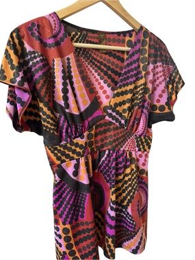 Vintage Copper Key Psychedelic Mod Dot Print Retro Y2K Boho Groovy Top L